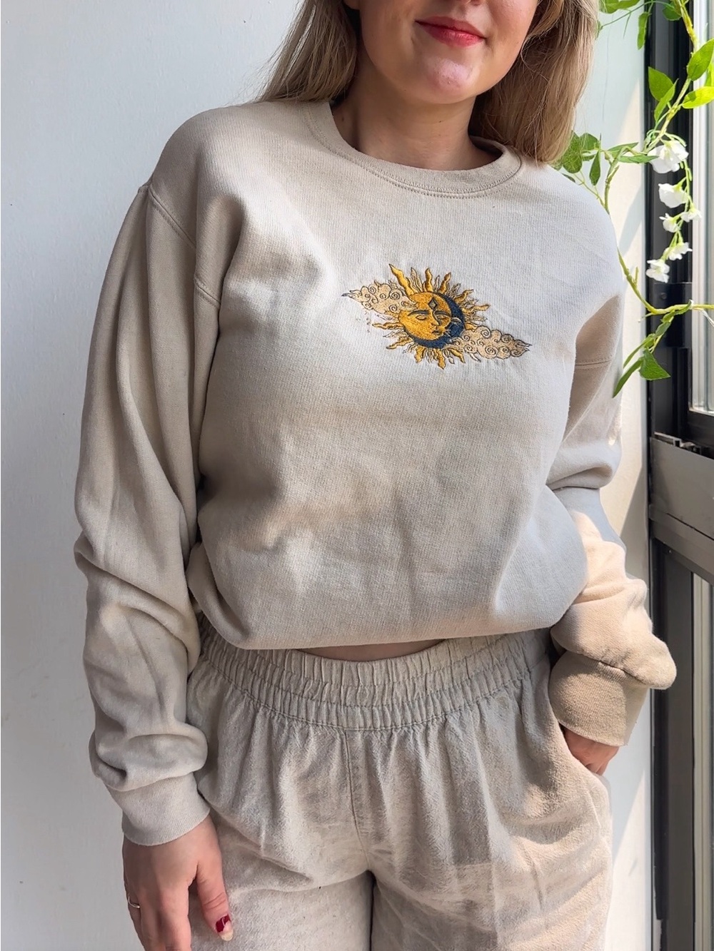 Upcycled Hand Crafted Cream Sun & Moon Embroidered Crewneck Sweatshirt